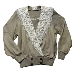 NILANI Women's Taupe Knit Sweater Lace‎ Collar Button Detail Size 10 GrandmaCore